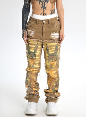 AONE4SURE x ILOVEUIHATEU 动漫二次元原创破坏重工卡其色牛仔裤