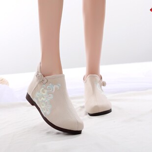 短靴女春秋单靴古风汉服搭配鞋民族风绣花鞋平底高帮鞋老北京布鞋