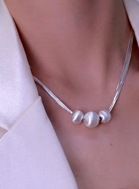 轻奢高级感银色拉丝豆豆多层项链