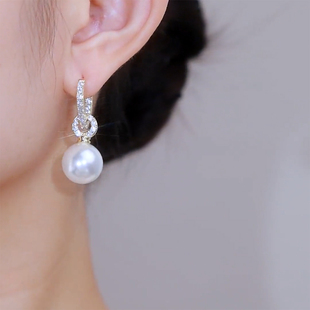 精致高级感微镶钻珍珠吊坠耳扣日韩简约百搭气质耳饰小众轻奢耳环