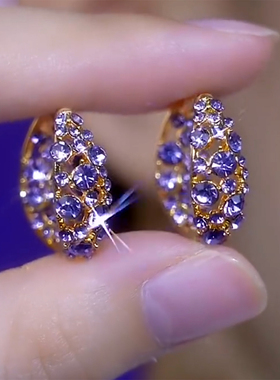 超仙新款耳环紫色满钻耳圈网红爆款气质精致耳饰小众设计显白耳扣