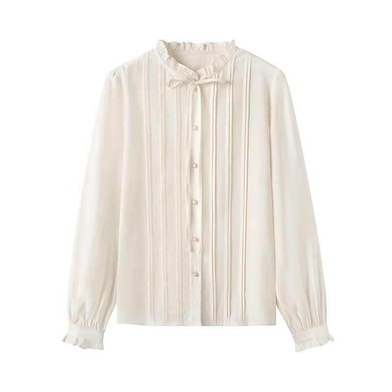 法式轻职场衬衫女2025秋季新款木耳边系带领长袖通勤上衣C85A451