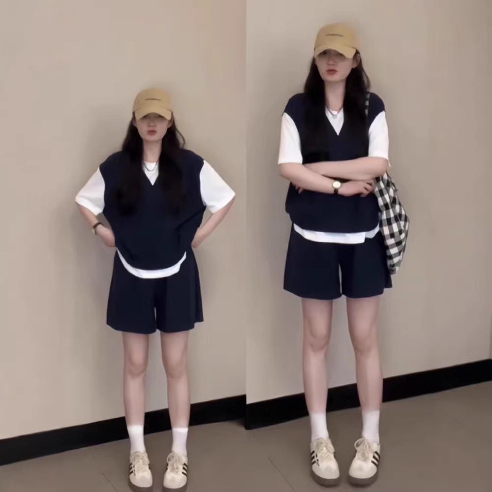 运动服套装女夏季学生韩版宽松显瘦假两件短袖阔腿短裤休闲两件套