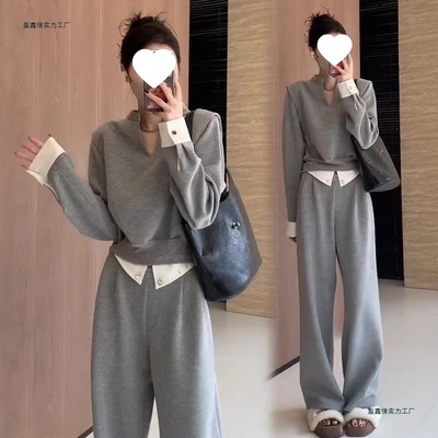 韩系氛围感穿搭套装女时尚慵懒风拼色长袖套头卫衣+休闲裤两件套