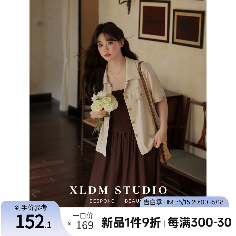 小俪大码【5/15 20:00新品9折】撞色明线亚麻正肩短袖外套上衣