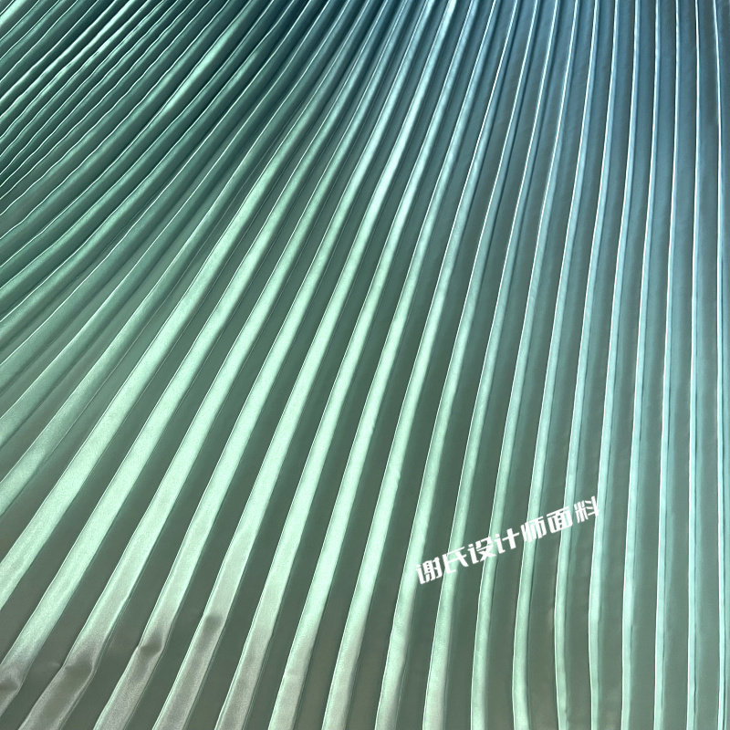 原创渐变烟青色缎面压皱百褶布料 风琴褶立体中古风DIY设计师面料