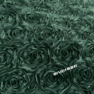 墨绿色提花立体盘花朵披肩布料 晚装装饰童装裙子装饰设计师面料