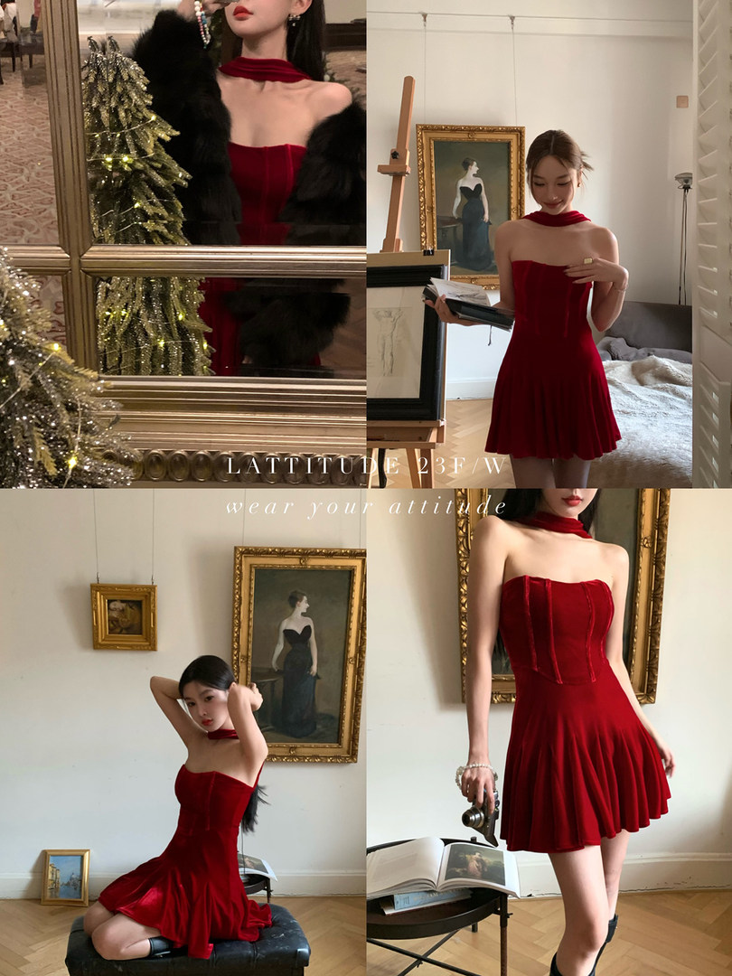 Red velvet strapless mini dress worn by a model in a fashion collage