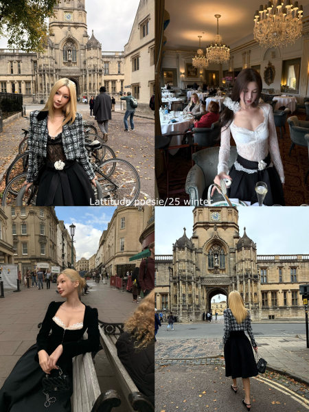 Collage of a woman modeling a black-and-white winter outfit in city and restaurant settings
