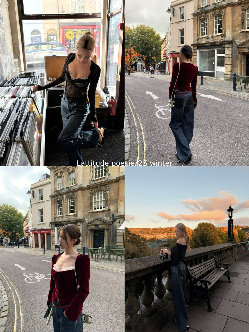 Fashion collage of a woman wearing lace and velvet tops with wide-leg jeans in street settings