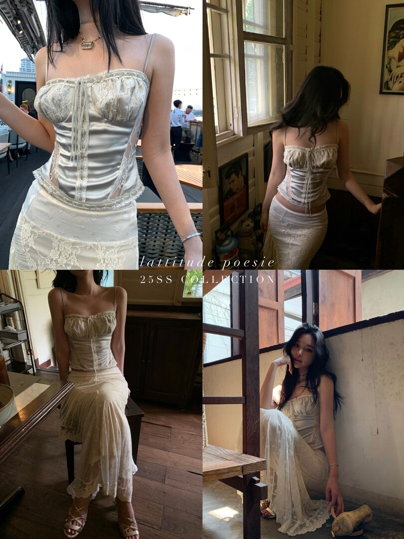 Model wearing a cream lace and satin dress in a fashion collage