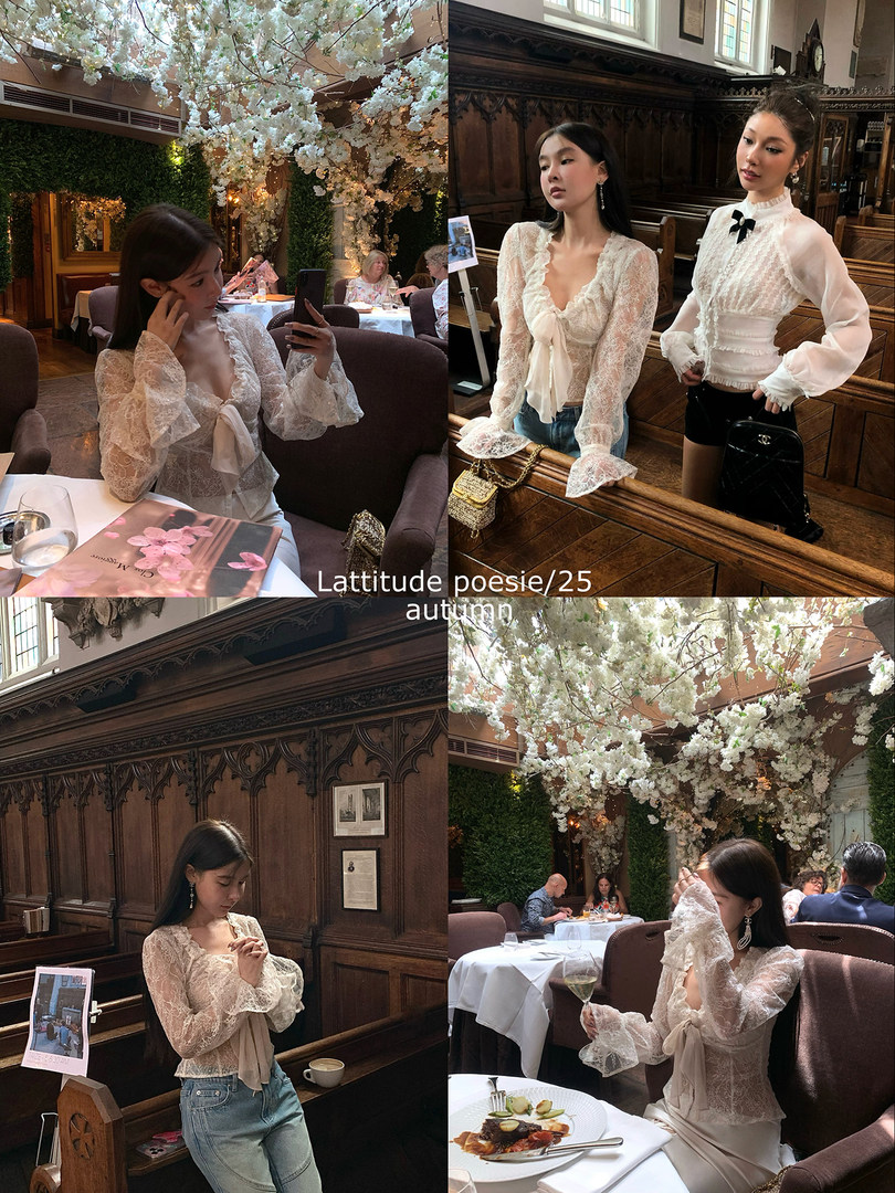 Collage of a woman modeling a white lace long-sleeve blouse in a restaurant setting