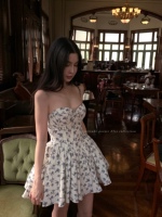 Lattitude/Yang Xiaolu Iris Song 25SS Blue Floral Waist Slimming Strap Breast Dress A-line Skirt