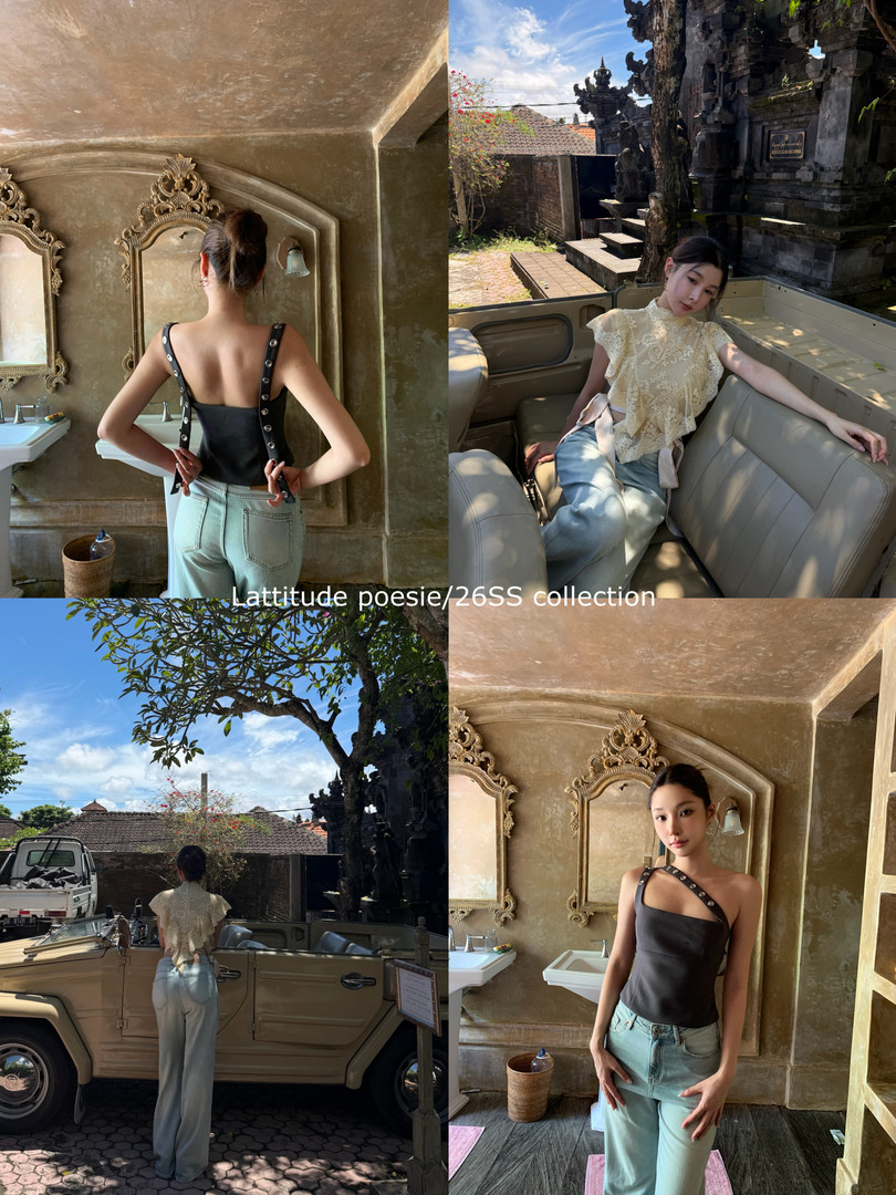 Collage of a model wearing a black asymmetrical top and light jeans