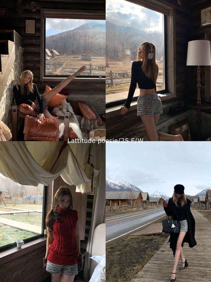 Fashion collage of a model wearing fall/winter outfits in a rustic cabin and outdoors