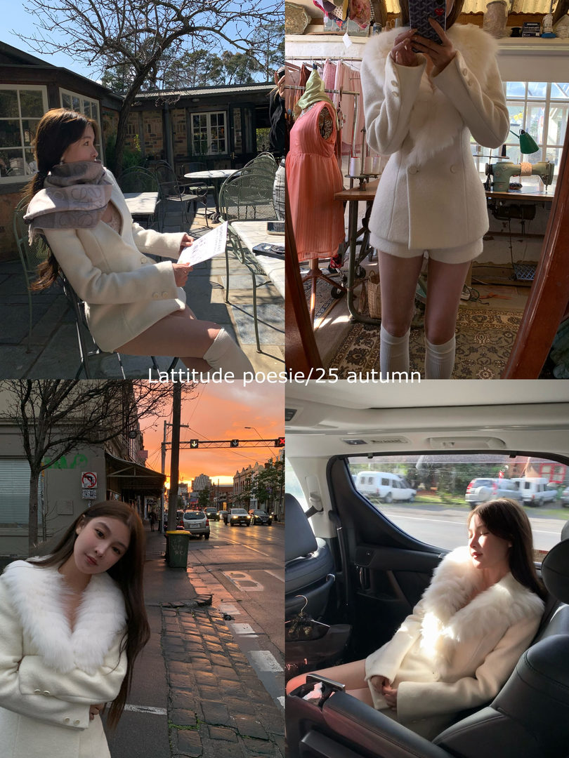Collage of a woman wearing a white fur-collar coat in multiple lifestyle photos