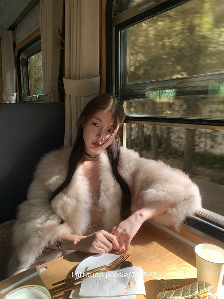 Woman wearing a white faux fur coat while seated by a train window
