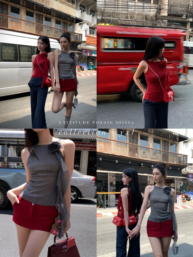 Fashion collage of women modeling sleeveless tops and mini skirts on a city street