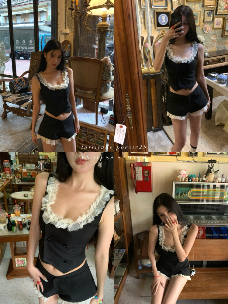 Black two-piece ruffled camisole and shorts set worn by a model