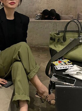 小众ins铂金凯莉包2023新款女包今年流行单肩包军绿色斜挎托特包