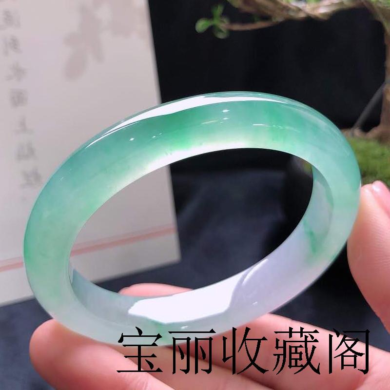 老坑缅甸冰种飘花翡翠色手镯飘绿花正圈玉镯少女款专柜玉手镯通透