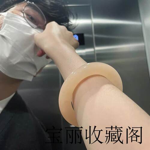 高端和田玉青海料精选藕粉色玉镯胖圆条手镯新疆玉石镯子送亲友礼