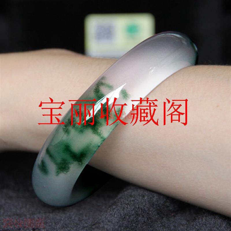 冰种飘绿色石英岩玉手镯女款飘花玉镯玉石少女扁条镯子饰品送礼