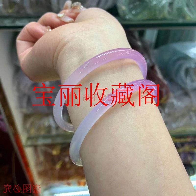 高端玛瑙圆条冰种樱花粉玉髓手镯高级感桃花粉渐变玉镯子精致女款