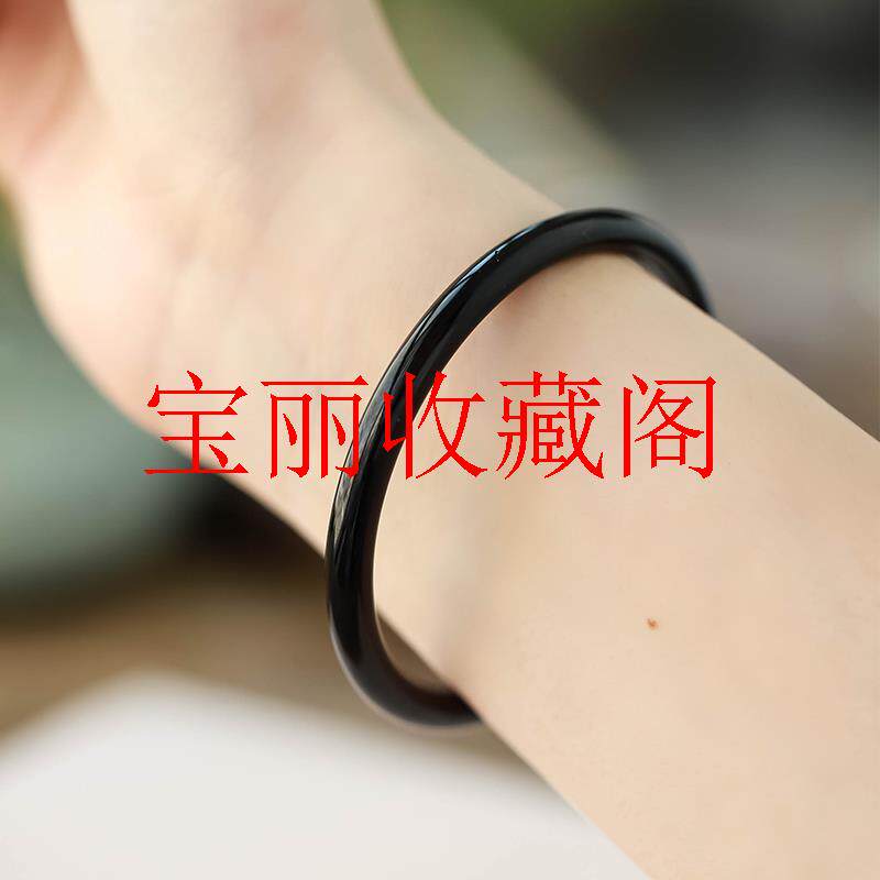纯黑高品质黑色玛瑙玉髓叮当手镯子细圆条简约玉石手镯少女款处理