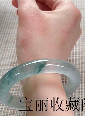缅甸老坑高端冰种细圆条飘蓝色的花翡翠色手镯精品带少女玉石手镯