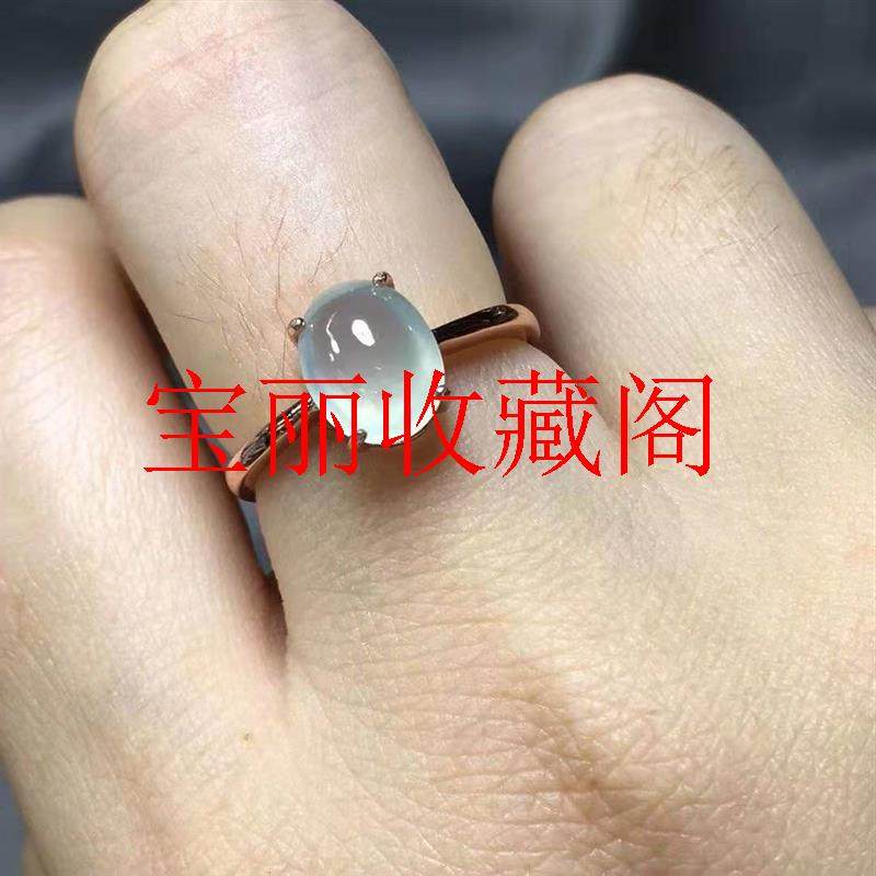 白冰种翡翠色戒指少女款首饰白冰蛋面镀玫瑰金玉石戒指银镶嵌饰品