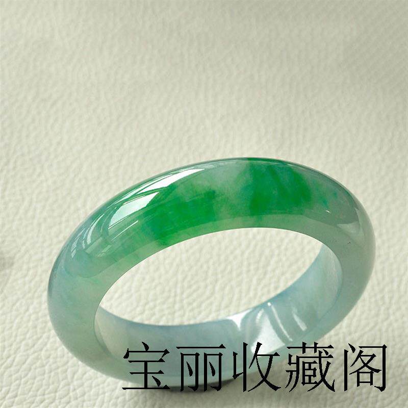 缅甸翡翠手镯冰种飘绿玉手镯女贵妃镯圆条飘花处理玉镯子玉石时尚