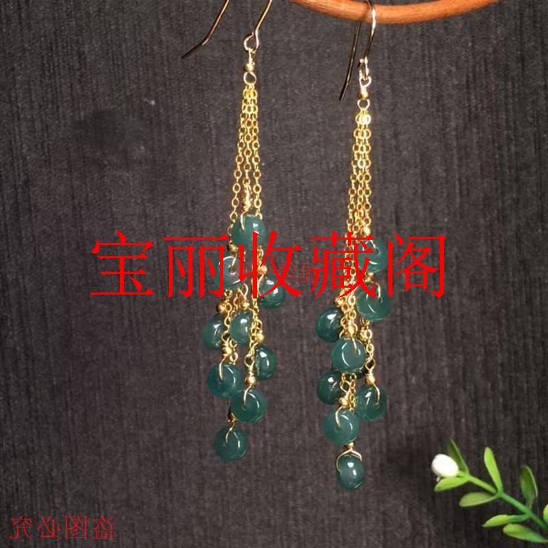 高冰种翡翠色老蓝水耳坠包金饰镶嵌平安扣简单长款女神款耳环处理