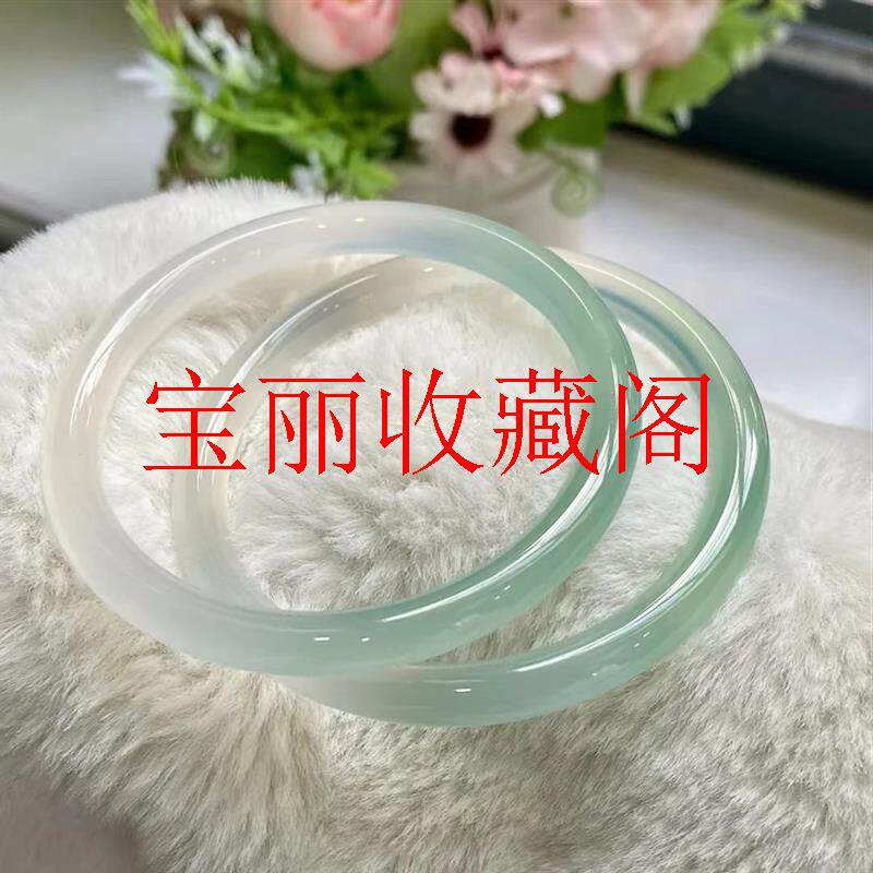 巴西玛瑙晴水半山半水叮当美人镯冰种圆条油青天青冻小巧玉髓女款