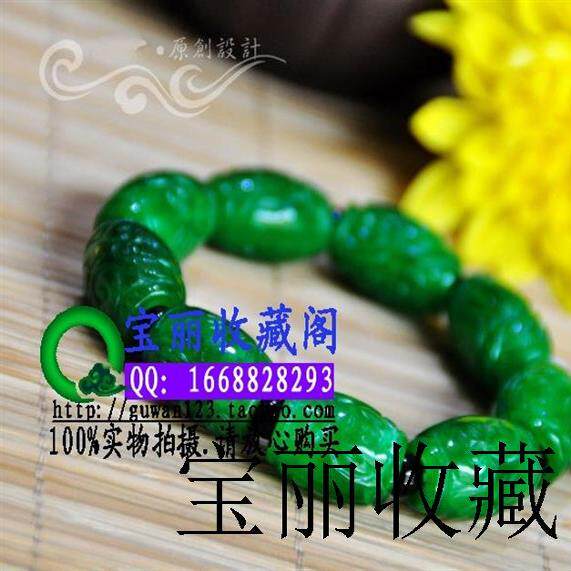 精品祖母绿翡翠色椭圆桶珠手串干青铁龙生柱雕花手链阳绿辣色手串