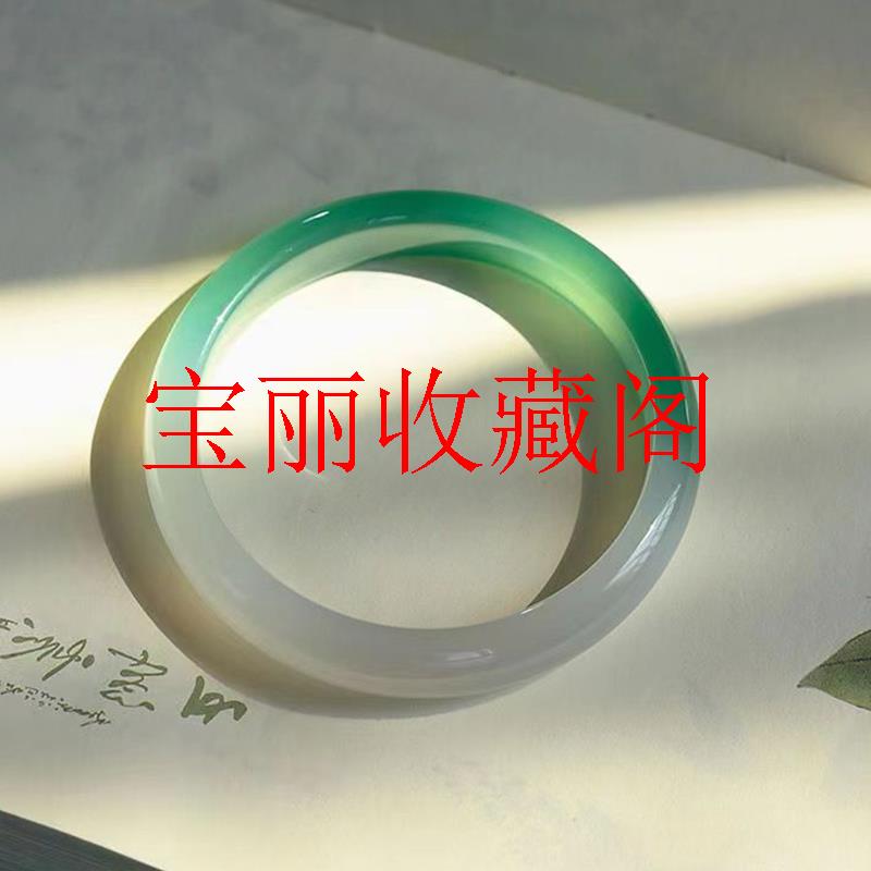 冰种玉髓手镯圆条女款油青色渐变半山半水玉镯子高冰青绿手镯饰品