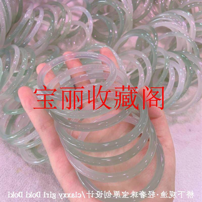 玛瑙油青手镯茶青半山半水冰种渐变透亮细美人条玉髓翡翠色叮当镯