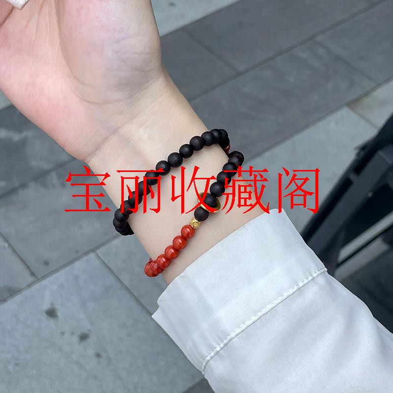 沉水级海南降真香沉香两圈圆珠手链搭配南红玛瑙女款手串饰品送礼