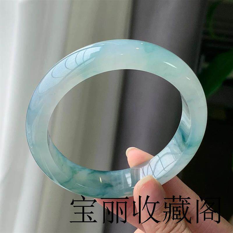 缅甸冰种飘花翡翠色手镯冰糯飘蓝花玉镯子百搭平安镯半山水美人镯