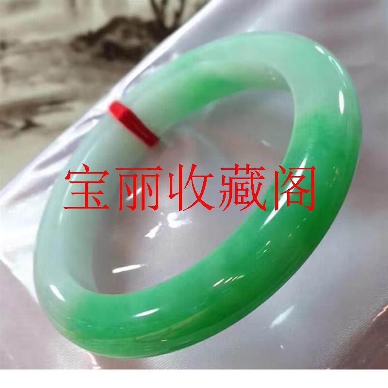 高档缅甸翡翠色老坑冰糯种飘阳绿玉镯子水润细腻女款首饰半山半水