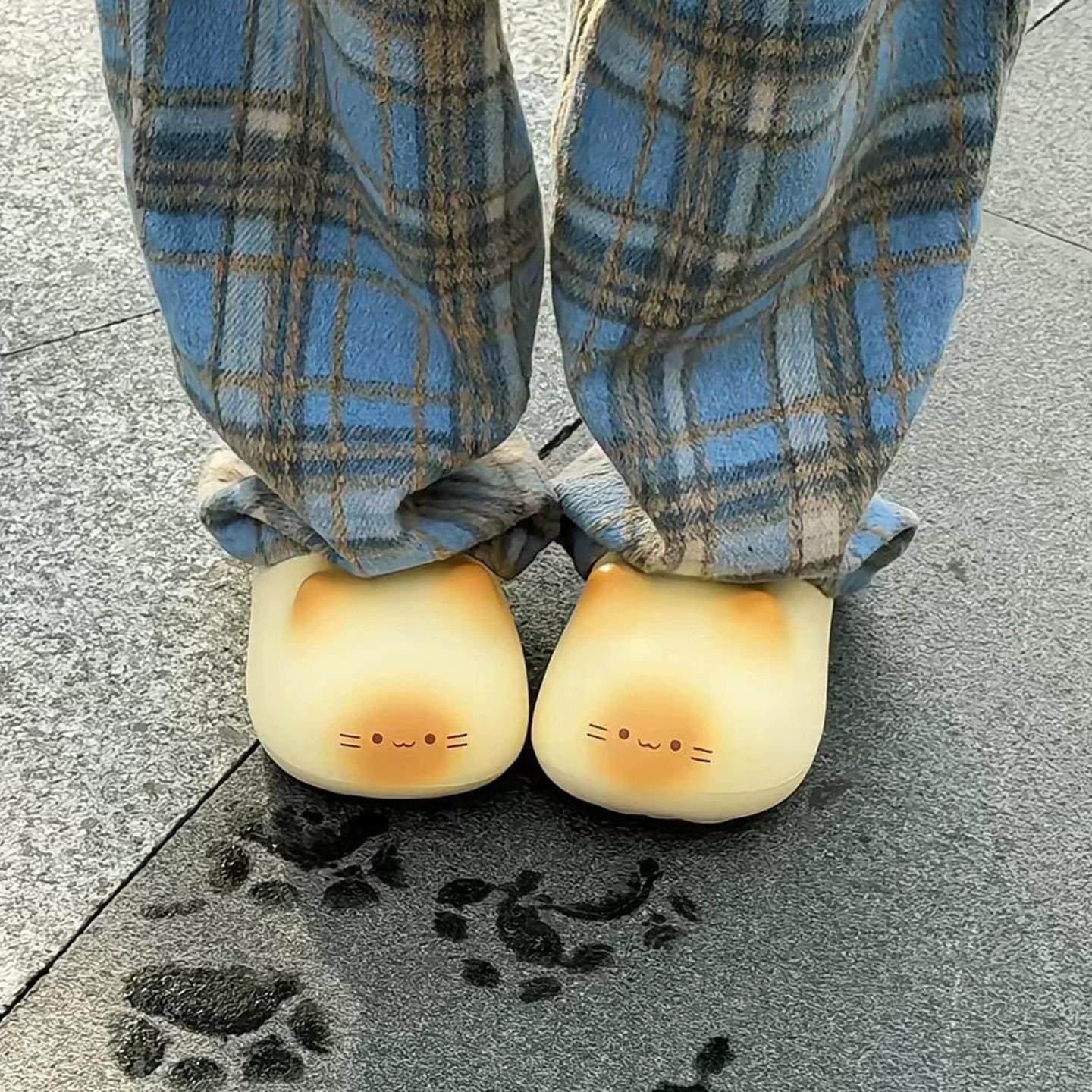 可爱猫爪印鞋可外穿棉拖鞋女款冬季加绒保暖小猫居家厚底包跟宿舍