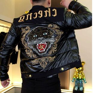欧洲站潮流虎头刺绣烫钻羽绒服男士冬季2025新款翻领亮面保暖外套