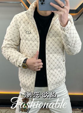 欧货男士冬季时尚立领印花帅气修身百搭保暖白鸭绒男士羽绒服