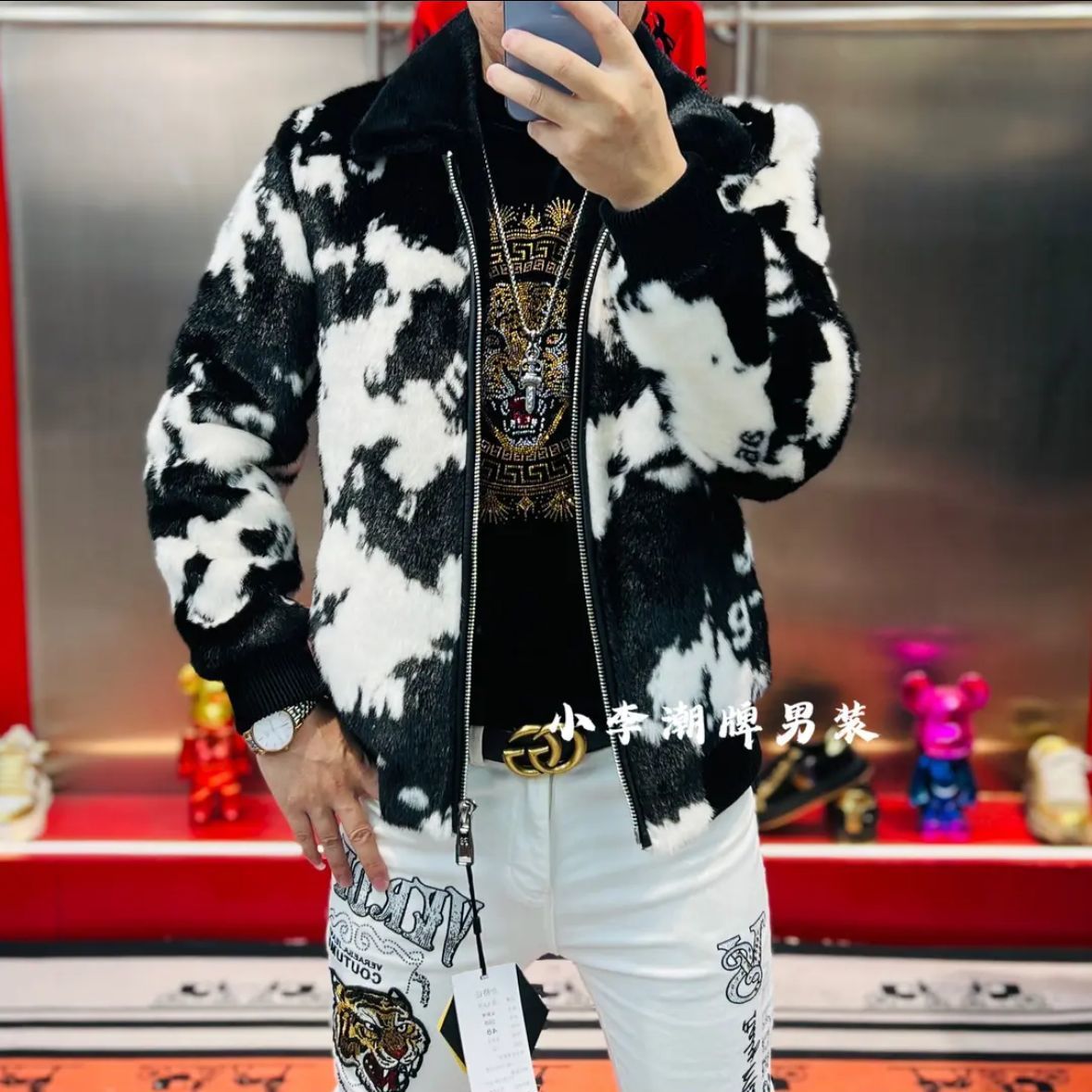 2024男士冬季新款相拼撞色时尚潮流修身休闲夹克大金雕毛外套男