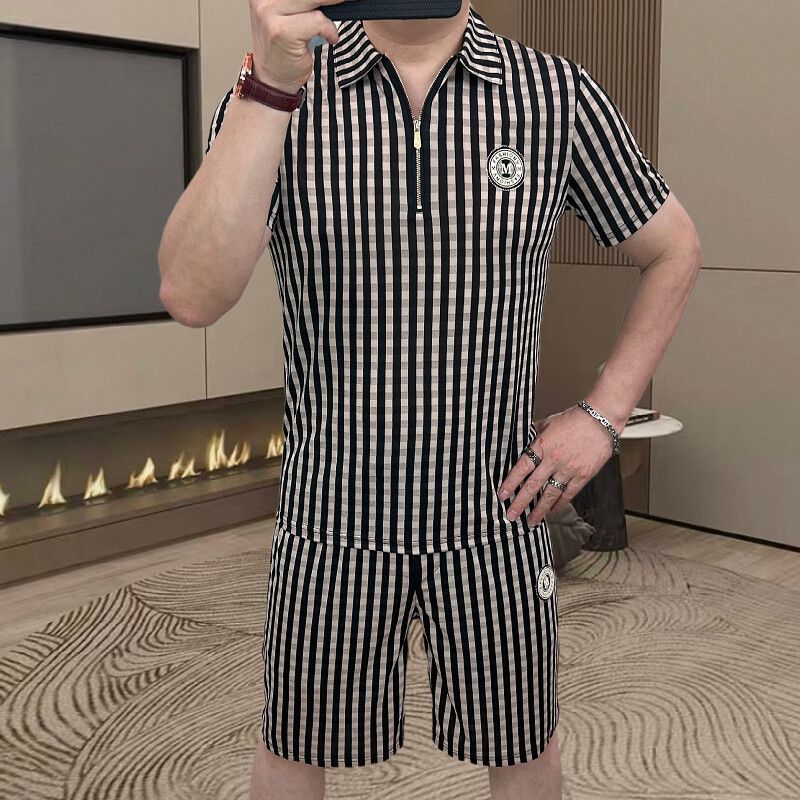 男士运动冰丝套装2025新款潮流百搭竖条纹轻奢半拉链短袖五分裤