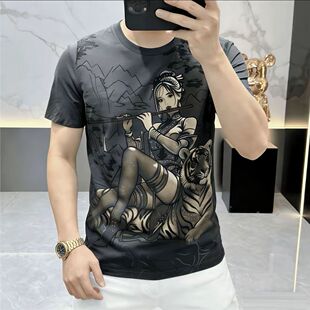 高端美女与野兽短袖t恤男士2026夏季新款植绒设计休闲时尚上衣潮
