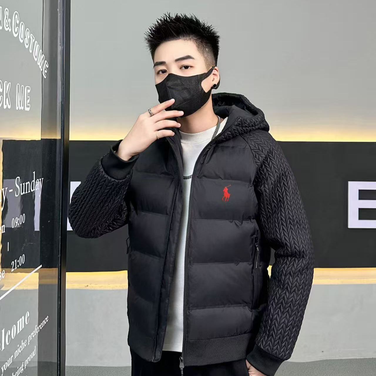 冬季拼接连帽麦穗羽绒服男士短款纯色休闲上衣情侣潮牌修身羽绒服