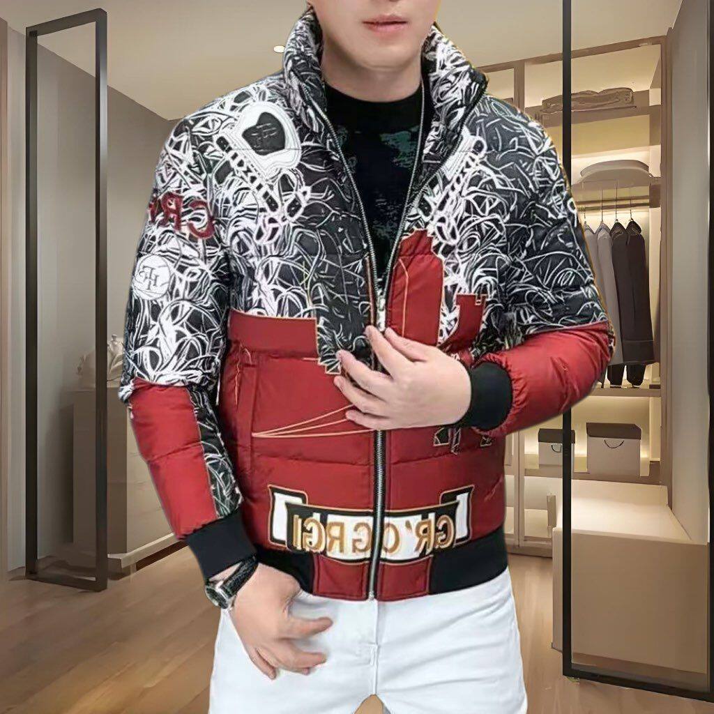 欧货新款冬季男士立领羽绒服潮流轻奢印花个性保暖90白鸭绒外套厚