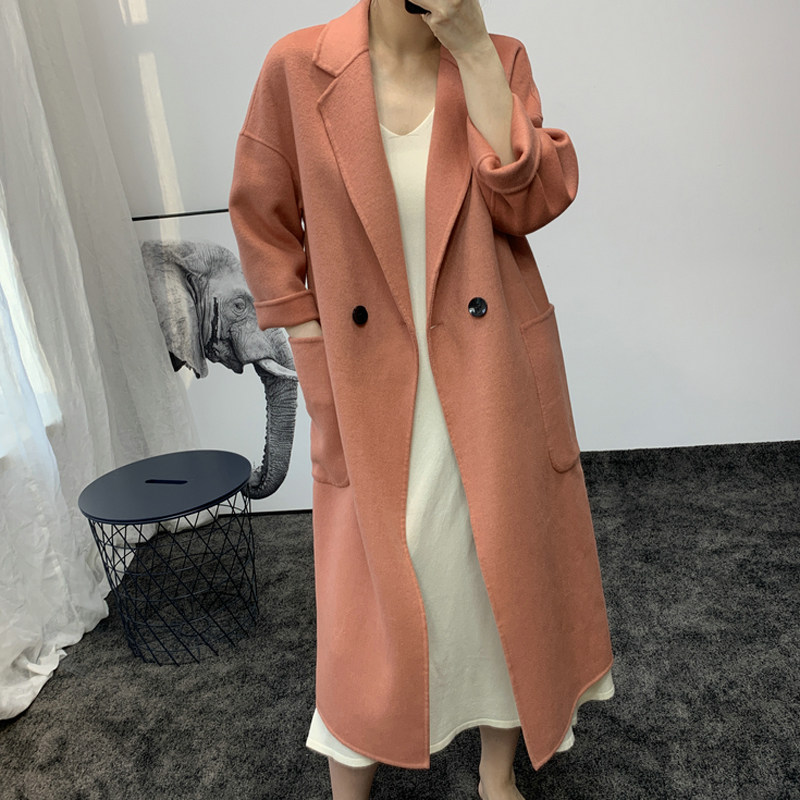2022年冬季新款双面羊绒大衣女羊毛呢高端大口袋西装领复古桔色外