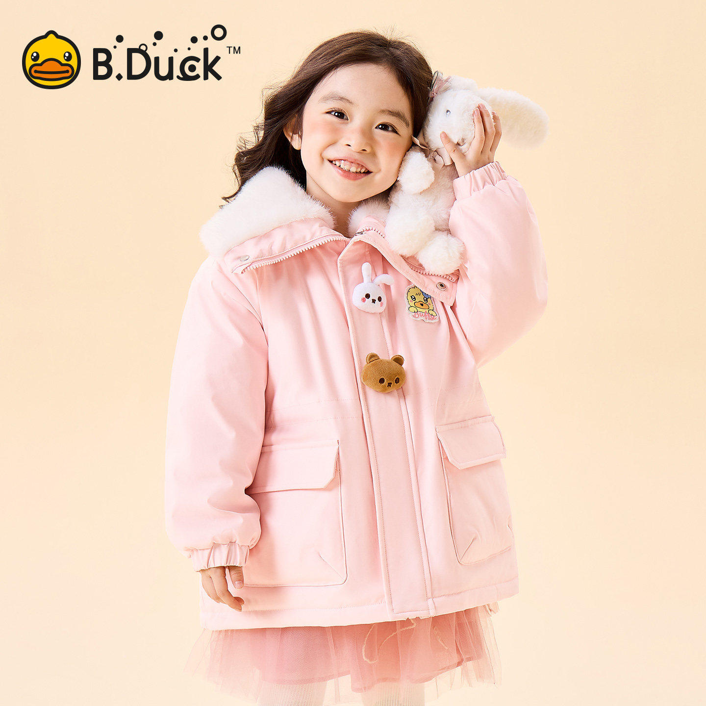小黄鸭女童毛领保暖棉服外套